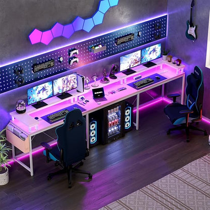 U Shaped Computer Gaming Desk, Reversible L Shaped Desk with Power Outlets, LED Strip & Monitor Stand, Large Corner Desk with Storage Shelves for Home Office,Deep Pink
