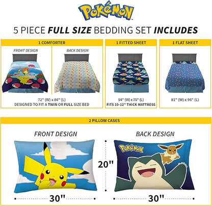Franco Kids Bedding Super Soft Comforter and Sheet Set, 5 Piece Full Size, Pokemon