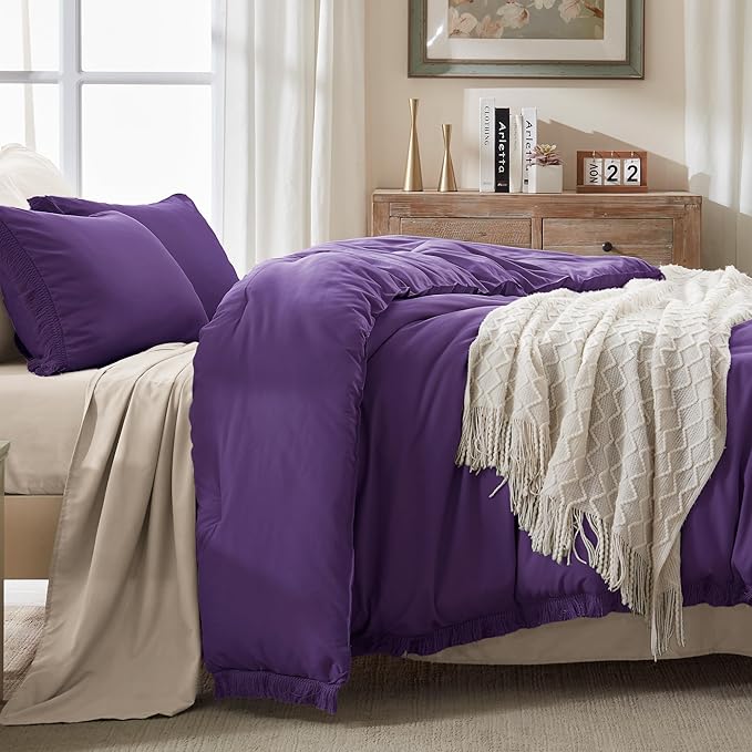 Andency Purple Comforter Set Full, 3 Pieces Boho Tassel Lightweight Bedding Comforter Sets, All Season Soft Fluffy Fringe Bed Set (79x90In Comforter & 2 Pillowcases)