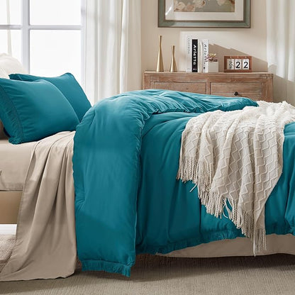 Andency Turquoise Comforter Set Queen, 3 Pieces Boho Teal Tassel Lightweight Bedding Comforter Sets, All Season Teal Blue Soft Fluffy Fringe Bed Set (90x90In Comforter & 2 Pillowcases)