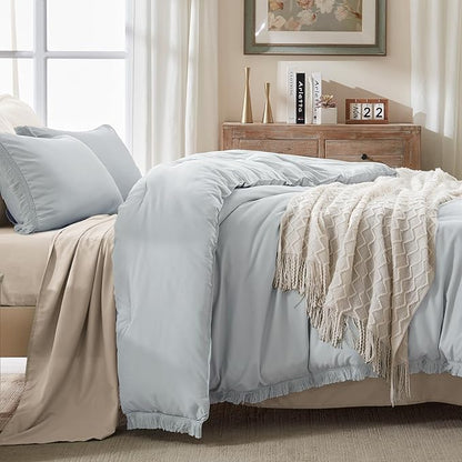 Andency Light Grey Comforter Set Twin Size, 2 Pieces Boho Tassel Lightweight Bedding Comforter Sets, All Season Soft Fluffy Fringe Bed Set (66x90In Comforter & 1 Pillowcase)