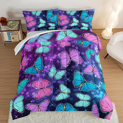 HOSIMA Butterfly Comforter Set with 2 Pillowcases,Glitter Purple Blue Butterfly Printed Bedding Set Full Size Bed in a Bag Set,Starry Sky Galaxy Comforter Butterfly Room Decor Aesthetics.