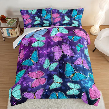 HOSIMA Butterfly Comforter Set with 2 Pillowcases,Glitter Purple Blue Butterfly Printed Bedding Queen Comforter Set for Adults Kids,Starry Sky Galaxy Comforter Butterfly Room Decor Aesthetics.