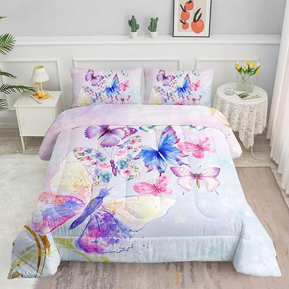 Datura home Watercolor Butterfly Comforter Bedding Set for Girls Kids Teens,Lightweight Colorful Floral Butterfly Printed Tie-dye with 2 Pillowcases(Watercolor Butterfly Full),Butterfly Purple