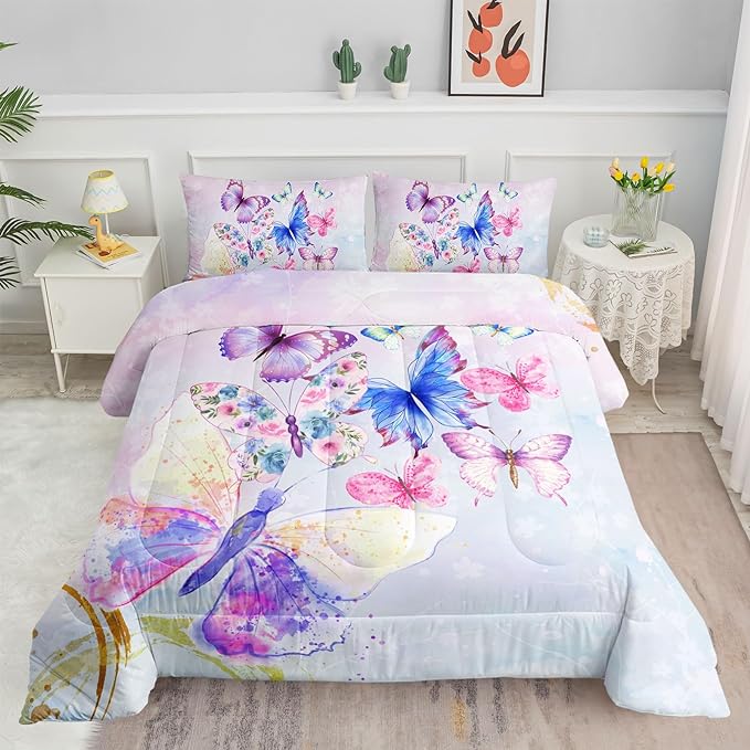 Datura home Watercolor Butterfly Comforter Bedding Set for Girls Kids Teens,Lightweight Colorful Floral Butterfly Printed Tie-dye with 2 Pillowcases(Watercolor Butterfly Twin),Butterfly Purple