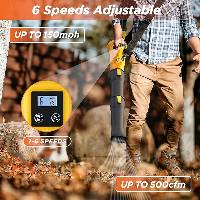 Cordless Leaf Blower, 6 Speed Modes, 150 mph Max Wind Speed, 500 cfm, Digital Display Leaf Blower Cordless with 21V 5.2Ah Battery and Charger for Lawn Care & Garden Maintenance