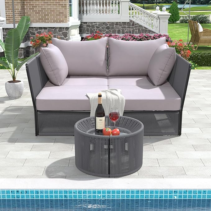 2-Piece Sunbed and Coffee Table, Patio Double Chaise Lounger Loveseat Daybed Outdoor Furniture Set for Backyard Poolside Lawn Balcony, Full, Ac-Grey