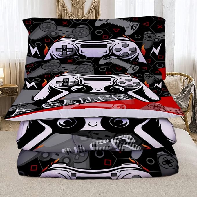 Sunnycitron Red Gamer Comforter Set for Boys Gaming Bedding Set Teens Game Room Decor Queen (1 Comforter + 2 Pillowcase)