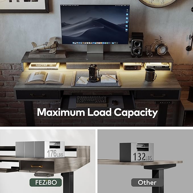 FEZIBO 48 x 24 Inch Height Adjustable Electric Standing Desk with Double Drawers&Keyboard Tray, Stand Up Desk with LED Strips, Sit Stand Desk with Monitor Stand, Rustic Grey