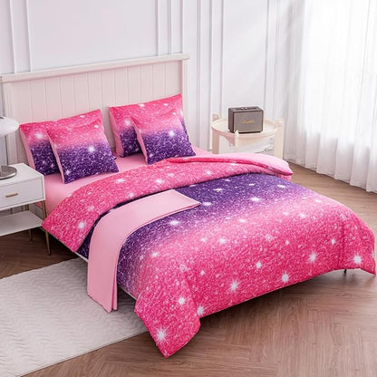 Full Size Bedding Sets Kids Bedding Sets for Girls,Galaxy Bedding 7pieces Glitter Pink Comforter Colorful Comforter Full Size Comforter Sets for Teen Girls(Purple)