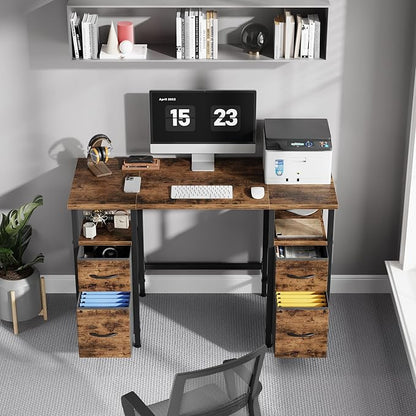47'' Office Desk with 4 Fabric File Drawers - File Drawer Organization, Computer Work Desk, Study Writing Table, Home Office Workstation, Rustic Brown