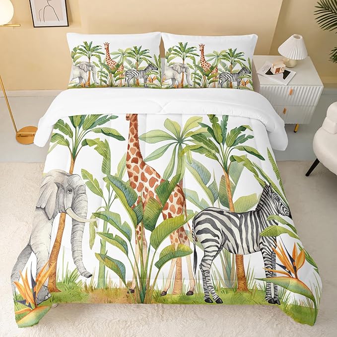 Wild Animal Comforter Queen Size,Elephant Giraffe Zebra Kids Comforter Set,3Pcs Bedding Set Printed Comforter with 2 Pillowcases,Down Alternative,Soft and Lightweight,for All Seasons