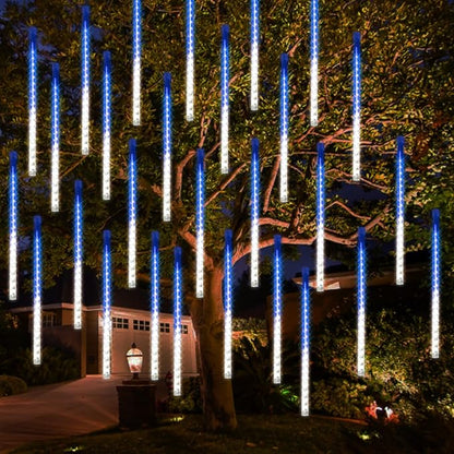 Dazzle Bright 288 LED Christmas Light, 11.8 Inch Meteor Shower Rain Lights with 8 Tubes，Waterproof Plug in Falling Rain Lights Christmas Decorations for Xmas Bushes Tree Yard Party, Blue and White