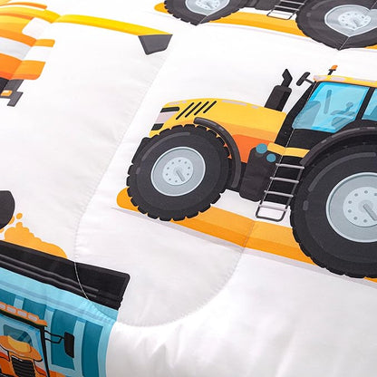 CVHOUSE Tractor Bedding Sets for Boys,Excavators Comforter Twin,Boys Cartoon Truck Comforter Set,Trucks Tractors Cars Quilt Set with 1 Comforter and 2 Pillow Cases- 3 Piece