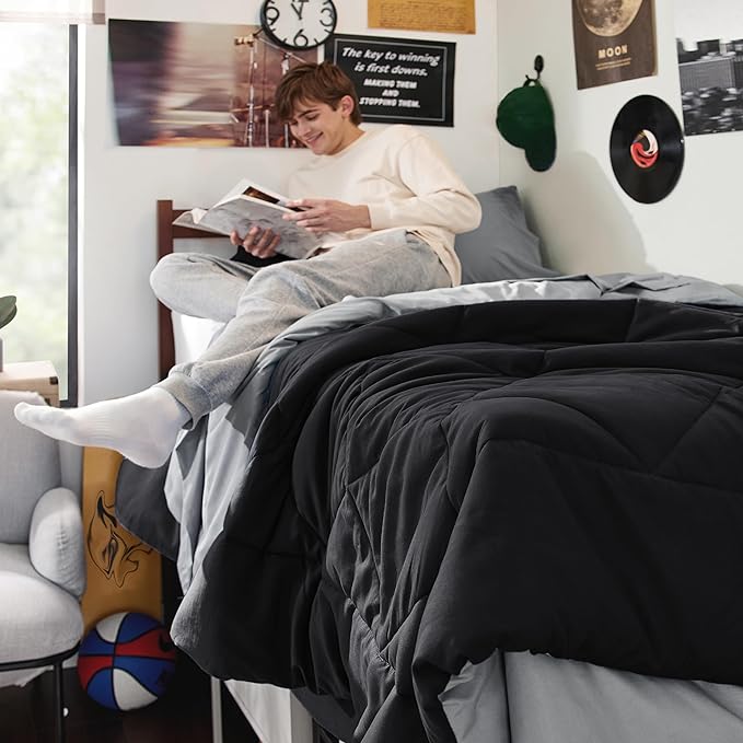 Bedsure Black Twin XL Comforter Set - 5 Pieces Reversible Black Bed Set Twin XL with Comforters, Sheets, Pillowcase & Sham, Black Bedding Set for College