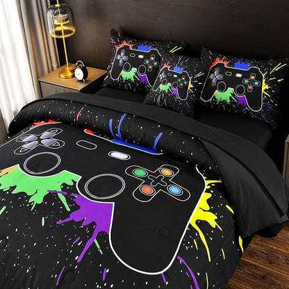 DORCAS Twin Size Gamer Comforter Set with Sheets for Boys,Game Console Black Bedding Set for Kids,6 Pieces Bedding Set Boys Colorful Graffiti Gaming Comforter,Sheets,Pillowcases (Black, Twin)