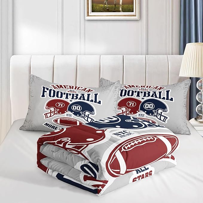 Datura home American Football Comforter Set Vintage Grey American Football Printed Quilt Bedding Set with 1 Comforter and 2 Pillowcases for Boys and Girls Bedroom All Season(Football Grey Queen)