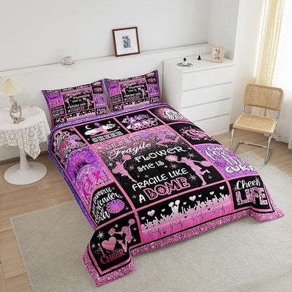 Cheerleading Comforter Set Cheer Gifts,Cheerleader Loves Bedding Set for Kids Girls Teens Adult,Cheer Pink (no real) Sequins Quilt Set Full Geometric Plaid Patchwork Duvet Insert with 2 Pillowcases