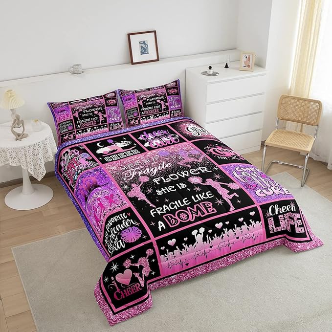 Cheerleading Comforter Set Cheer Gifts,Cheerleader Loves Bedding Set for Kids Girls Teens Adult,Cheer Pink (no real) Sequins Quilt Set King Geometric Plaid Patchwork Duvet Insert with 2 Pillowcases
