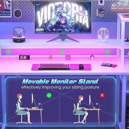 Gaming Desk with Lights & Power Outlets, 47.2' Computer Desk with Shelves, Small Desk for Small Space, Writing Desk with Monitor Stand, White