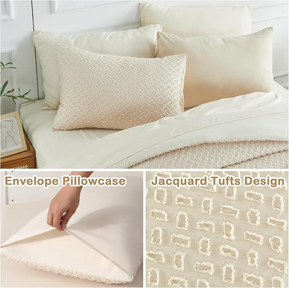 Queen Size Kids Comforter Set for Girls 7 Piece Beige Boho Tufted Kids Bedding Set for Boys Bed in A Bag Quilt Set with 1 Comforter,1 Flat Sheet, 1 Fitted Sheet, 2 Pillowcase and 2 Pillow Sham