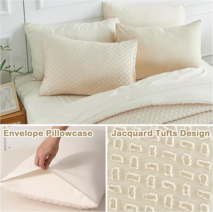 Twin Size Tufted Kids Comforter Set 6 Piece Beige Jacquard Tufts Embroidery Bedding Set for Boys Girls Bed in A Bag Quilt with 1 Comforter, 1 Flat Sheet, 1 Fitted Sheet, 1 Pillowcase and 2 Pillow Sham