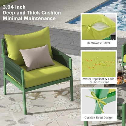 4-Piece Patio Conversation Furniture Set, Rope Weave Outdoor Loveseat Sofa with 2 Armchairs, Thick Cushion&Tempered Glass Table, for Garden Backyard, Onesize, Fluorescent Yellow+Green