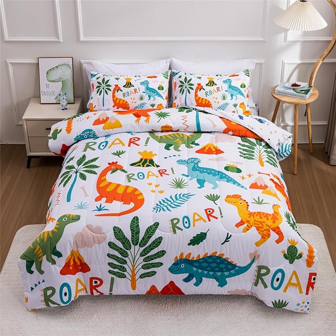 Meeting Story Dinosaur Bedding Set for Boys, Dinosaur Colorful Pattern Style Full Comforter Set, 3 PCS 1 Comforter and 2 Pillowcases in One Bag(Full,White)