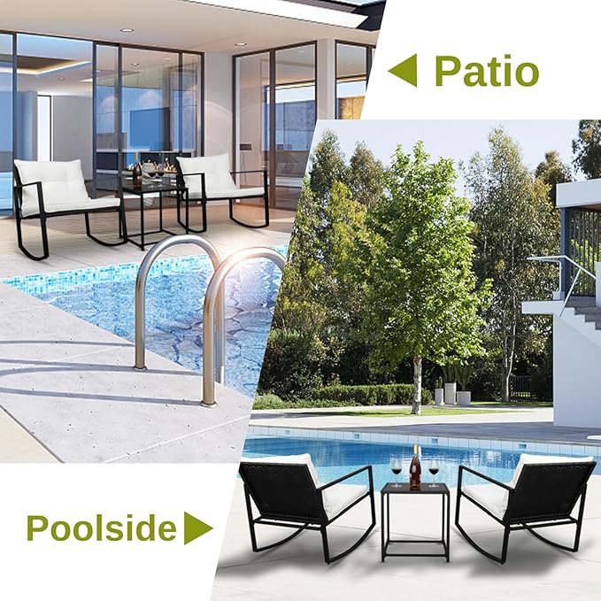Outvita 3-Piece Rocking Bistro Set, Outdoor Wicker Patio Furniture Set with Glass Coffee Table Perfect for Outdoor Porch, Balcony and Garden (White)