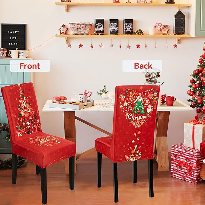 6PCS Christmas Dining Chair Covers, Stretch Removable Washable Dining Room Chair Protector Slipcovers, Xmas Tree Heart Kitchen Chair Cover, Slipcover Protector for Xmas Holiday Party Home Décor