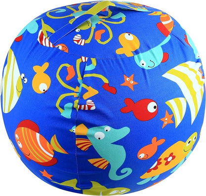 Stuffed Animal Storage Bean Bag Chairs Toy Storage Organizer Bean Bags Chair Cover for Kids 24" Cotton Canvas Beanbag with Zipper for Organizing Kid's and Adults Room, (Blue sea world, 24" x 1)