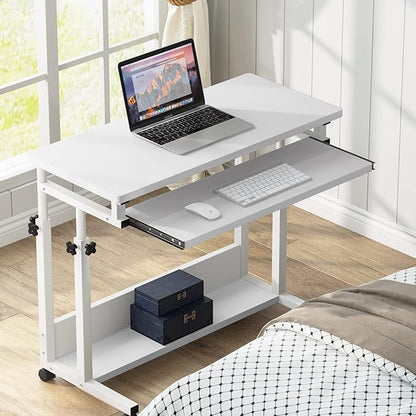 Tribesigns Portable Desk for Sofa and Bed, Height Adjustable Mobile Laptop Table Small Standing Desk Rolling Computer Cart with Keyboard Tray on Wheels for Home Office (White)