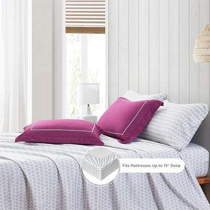 Degrees of Comfort Twin Complete Comforter Sets, Lattice Boho Bed in A Bag,Microfiber Bedding Set with Side Pockets, Matching Decorative Pillow, 6 Piece Purple