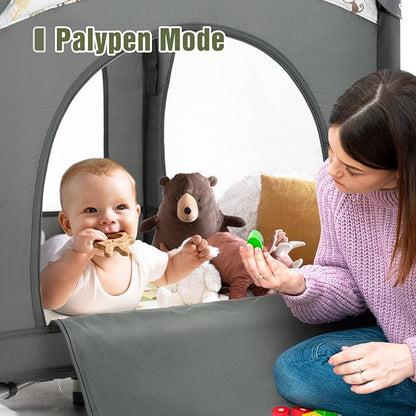 5 in 1 Infant Newborn Baby Crib,Baby Bassinet Bedside Cribs,Pack and Play with Bassinet and Changing Table,Portable Travel Baby Playpen with Bassinet Toys & Music Box,Portable Travel Crib,Dark Gray