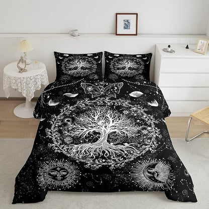 Feelyou Sun and Moon Comforter Bohemian Tree Butterfly Style Bedding Set Psychedelic Hippie Comforter Set for Boys Girls Children Teens Bedroom Decor Galaxy Astrology Duvet Set Full Size