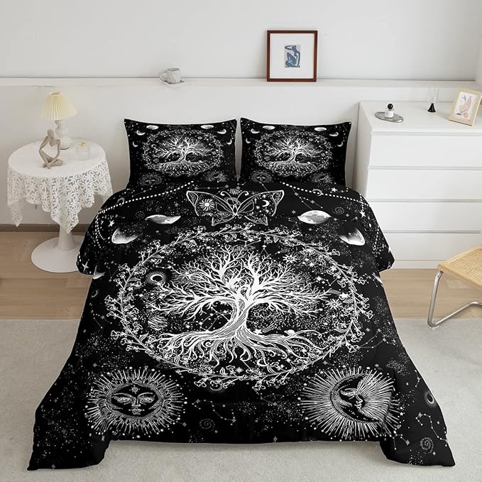Feelyou Sun and Moon Comforter Bohemian Tree Butterfly Style Bedding Set Psychedelic Hippie Comforter Set for Boys Girls Children Teens Bedroom Decor Galaxy Astrology Duvet Set Queen Size