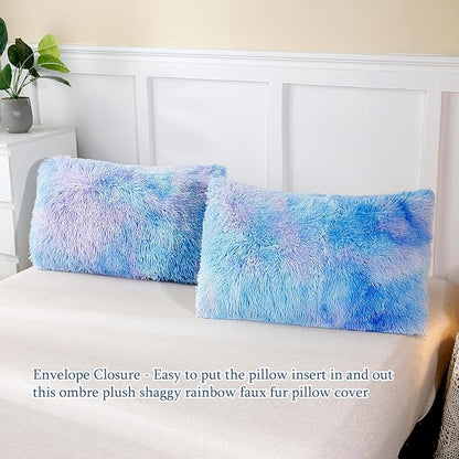WINLIFE Shaggy Bedding Comforter Set Faux Fur Flannel Furry Comforter Microfiber Plush Comforter Sets Pastel Gradient Ombre Tie Dye MultiColor Bedding for Girls Adults (3Pcs, Twin, Purple Blue)