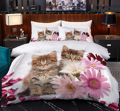 Cat Comforter Set Queen Size for Kids Pink Flowers Cats 3Pcs Bedding Set for boys and Girls (1Summer Comforter+ 2 Pillowcases) Lovely Animal Pets Duvet Set