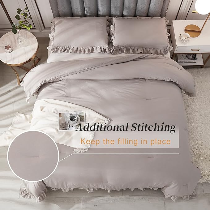 Andency Wheat Ruffle Comforter Full(79x90Inch), 3 Pieces(1 Ruffled Comforter and 2 Pillowcases) Vintage Ruffle Fringe Comforter, Farmhouse Rustic Microfiber Down Alternative Bedding Comforter Set