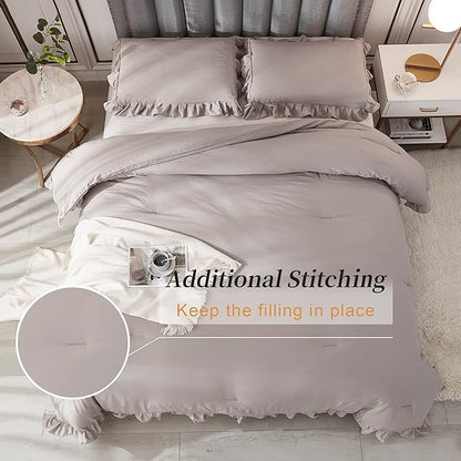 Andency Wheat Ruffle Comforter Full(79x90Inch), 3 Pieces(1 Ruffled Comforter and 2 Pillowcases) Vintage Ruffle Fringe Comforter, Farmhouse Rustic Microfiber Down Alternative Bedding Comforter Set