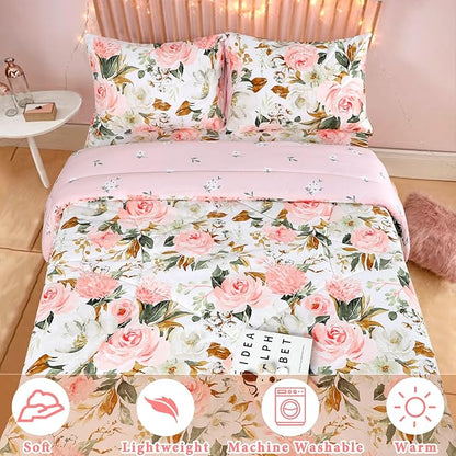 DILIMI King Size Comforter Set, 3 Pieces King Comforter Set, Reversible Pink Floral Comforter King Size, Ultra Soft and Fluffy Bedding Comforter Sets with Comforter, 2 Pillowcase