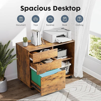 DUMOS Lateral File Cabinet with 3 Drawers Rolling Wooden Printer Stand Under Desk Storage Organizer with 4 Wheels Adjustable Shelf for Office Home, Rustic Brown
