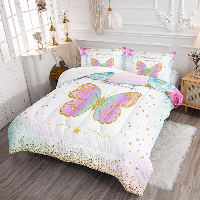 CVHOUSE Butterfly Bedding Set,Butterfly Comforter Full,Butterfly Comforter Set for Girls Kids Teens,Butterflies Quilt Set with 1 Comforter and 2 Pillow Cases- 3 Piece
