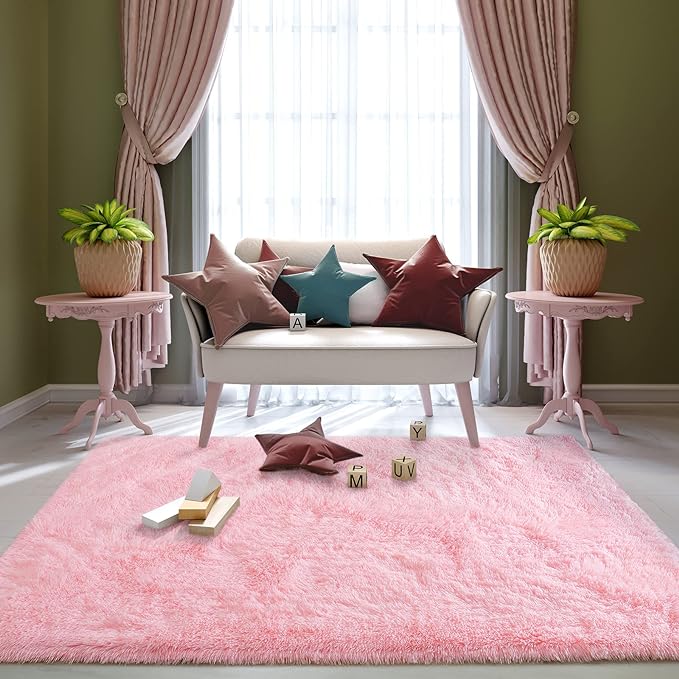 Super Soft Fluffy Shaggy Rugs 5x8 Feet for Living Room Bedroom, Fuzzy Plush Area Rugs for Girls Kids Room Nursery Home Decor, Furry Dorm Rug Cute Non-Slip Indoor Floor Carpet, Baby Pink