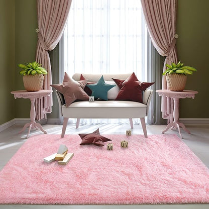 Super Soft Fluffy Shaggy Rugs 5x8 Feet for Living Room Bedroom, Fuzzy Plush Area Rugs for Girls Kids Room Nursery Home Decor, Furry Dorm Rug Cute Non-Slip Indoor Floor Carpet, Baby Pink