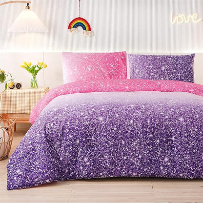 Holawakaka Kids Space Star Glitter Comforter Set Ombre Pink Purple Print Gradient Bedding Set Queen Size (Pink Purple, Queen)……