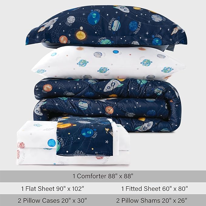 Twin Size Space Kids Bedding Set for Girls, 7 Pieces Super Soft Lightweight Microfiber Comforter Set with Sheets, Bed in a Bag, Durable Children Bed Set