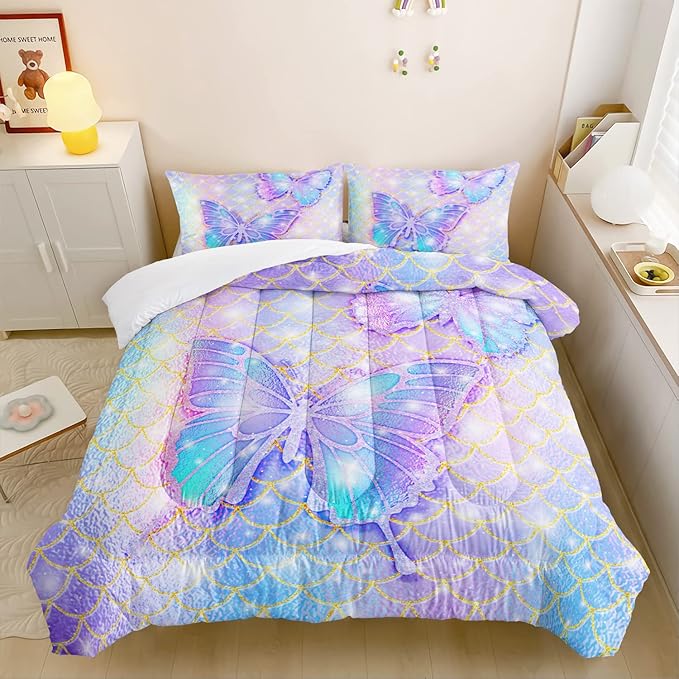 CVHOUSE Butterfly Comforter Set King Size,Rainbow Mermaid Butterfliy Bedding Set for Kids Girls,Rainbow Mermaid Butterflies Quilt Set Butterfly Duvet Set Girl's Bedroom Decor 3 Pieces