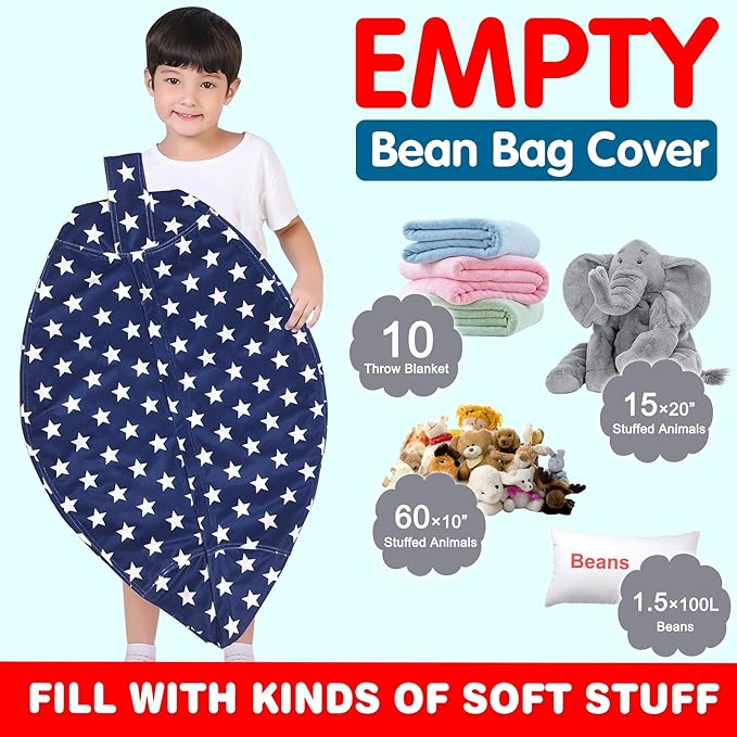 Lukeight Stuffed Animal Storage Bean Bag Chair Cover for Kids, Zipper Beanbag Chair Cover for Organizing Toddler & Kids' Rooms Plush Toys (Stars Navy Velvet, Large)