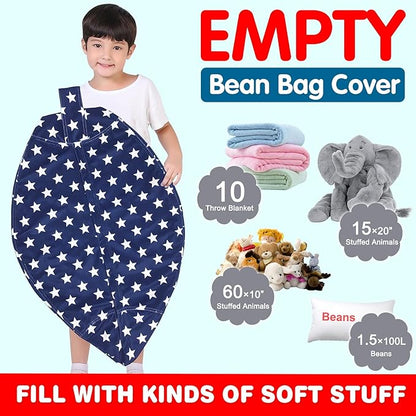 Lukeight Stuffed Animal Storage Bean Bag Chair Cover for Kids, Zipper Beanbag Chair Cover for Organizing Toddler & Kids' Rooms Plush Toys (Stars Navy Velvet, Large)